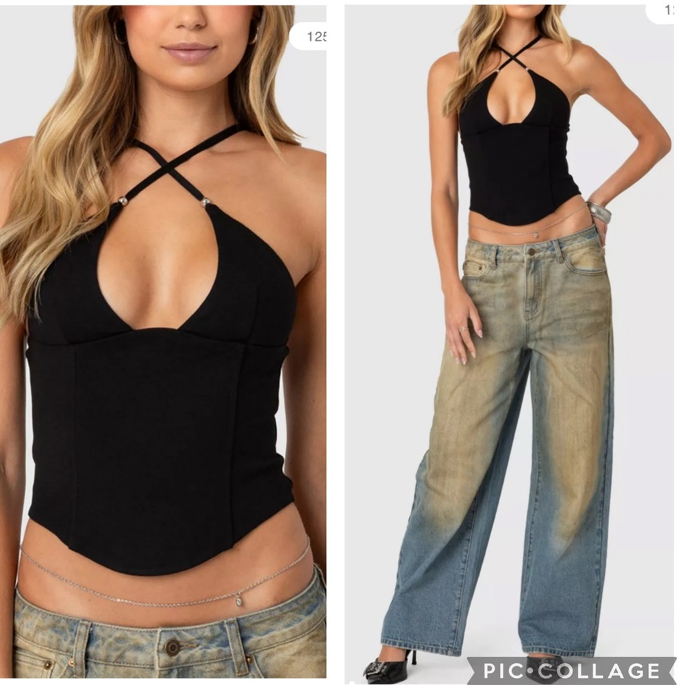 Edikted Lou Beaded Crossover Corset Top Black‎ L